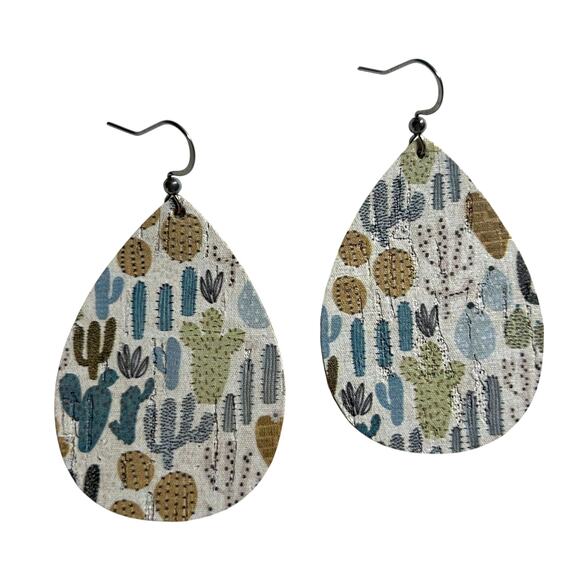 Handmade Cork on Genuine Leather Cactus Southwest Teardrop Earrings 2" New - Picture 1 of 4